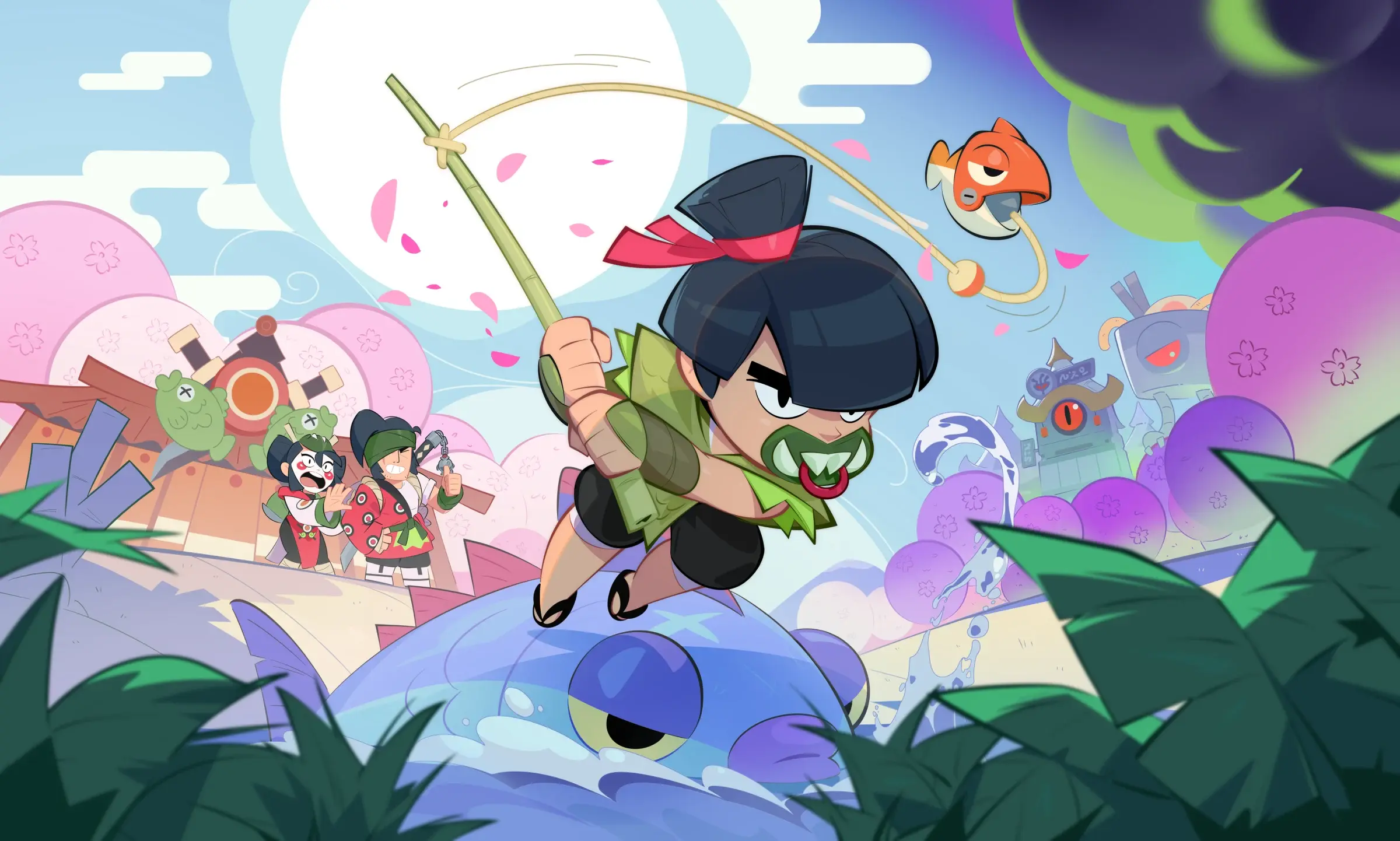 Nori fishing through Starr Park with Kenji and Kaze in the background.