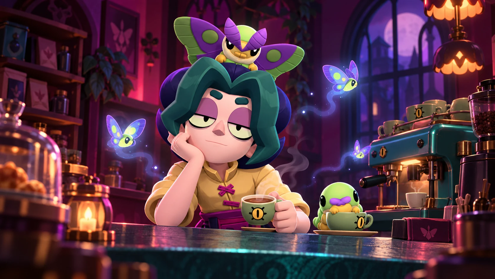 An unimpressed Vince holding a coffee at his Creepy Café, surrounded by glowing moths and his caterpillar companions.